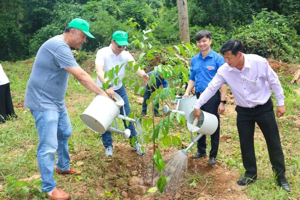 Cán bộ và tình nguyện viên cùng trồng và tưới cây tại một khu rừng đầu nguồn